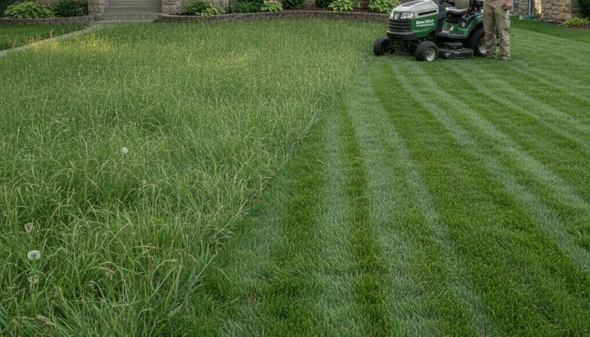 Before and after lawn mowing showing yard transformation by Chop Chop Landscaping in Minneapolis, MN