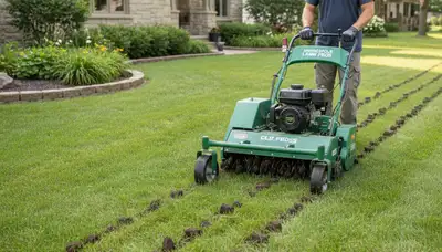 Professional core aeration on Minneapolis MN lawn improving soil health and turf growth