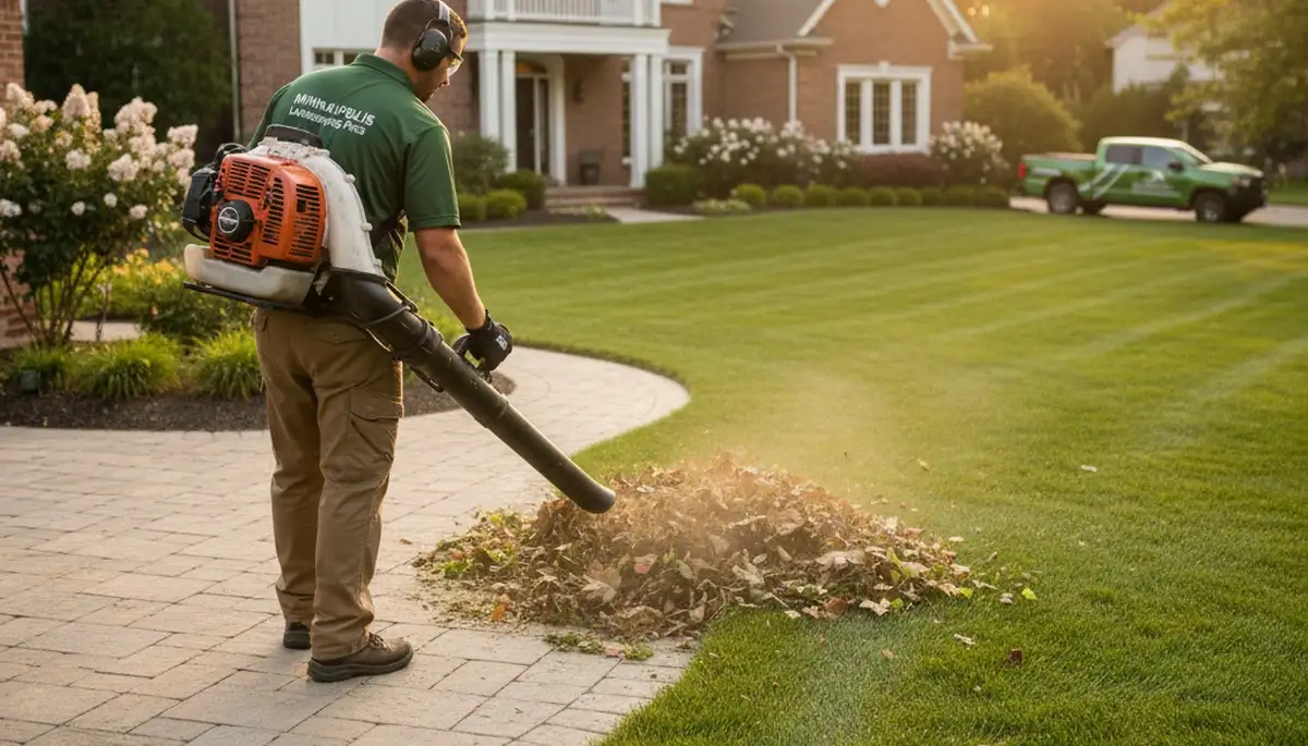 Technician using leaf blower for debris cleanup on Minneapolis lawn by Chop Chop Landscaping