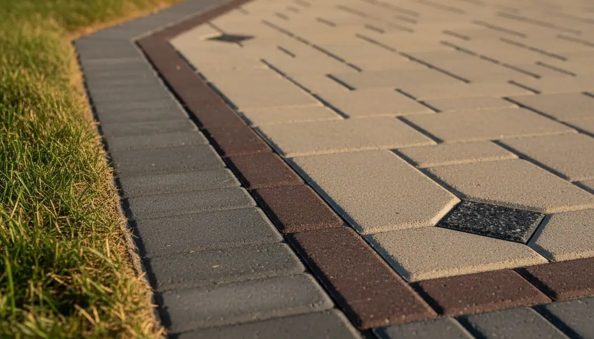 Close-up of decorative paver border with soldier course edging on Minneapolis driveway landscaping