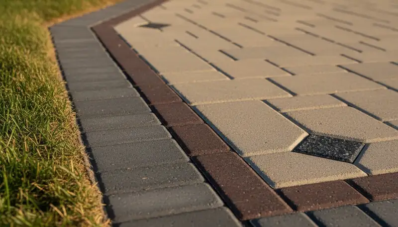 Close-up of decorative paver border with soldier course edging on Minneapolis driveway landscaping
