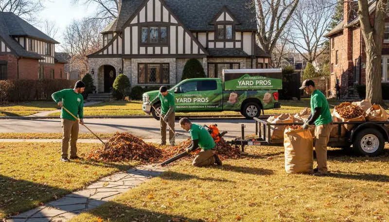 Landscapers raking and bagging fall leaves during yard clean up in Minneapolis, MN
