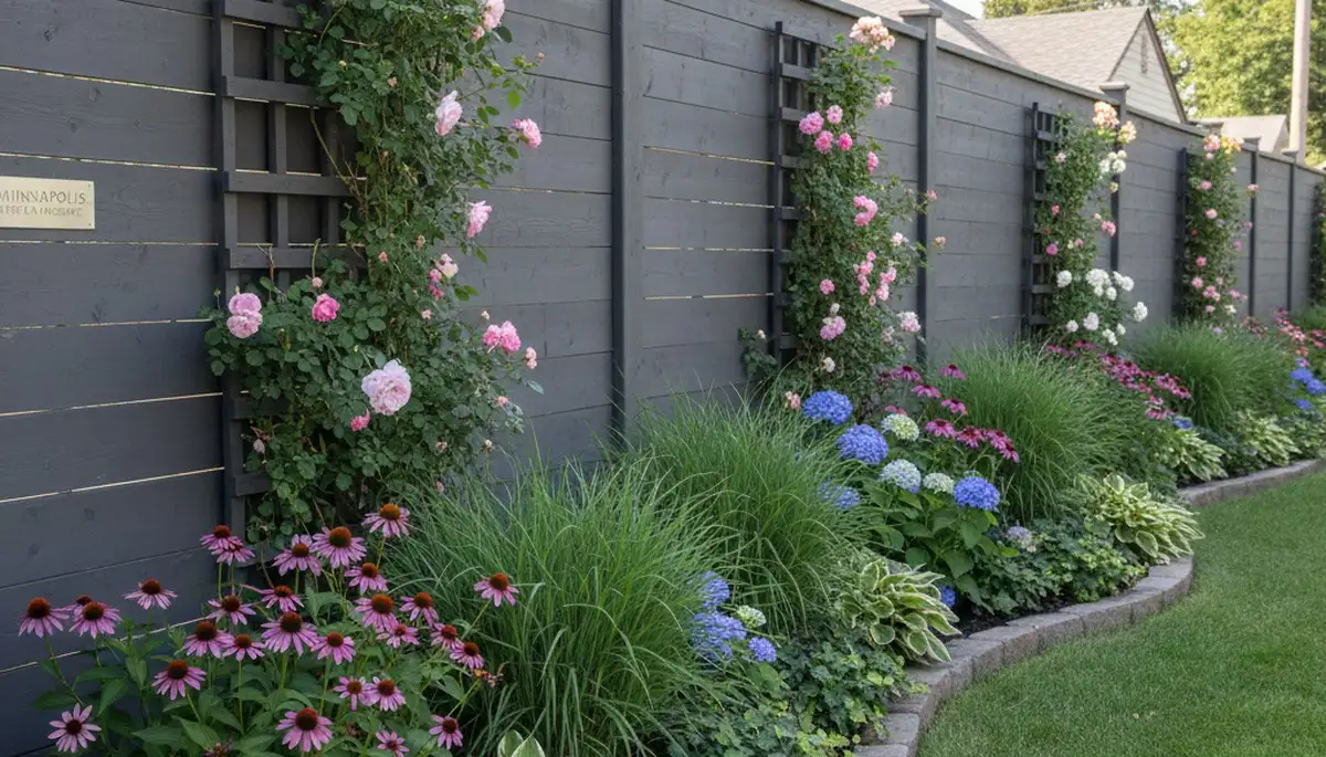 Wood fence with lush landscape beds and climbing plants by Chop Chop Landscaping in Minneapolis, MN