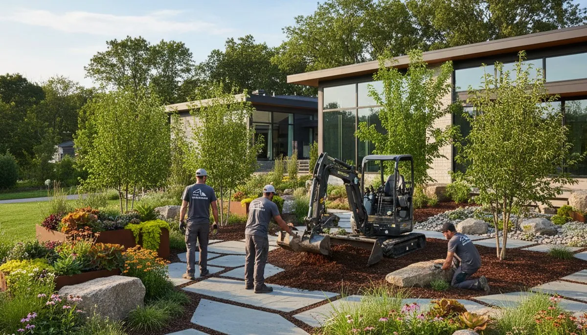 Minneapolis, MN landscaping crew providing professional lawn care service for a local business property