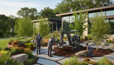 Minneapolis, MN landscaping crew providing professional lawn care service for a local business property