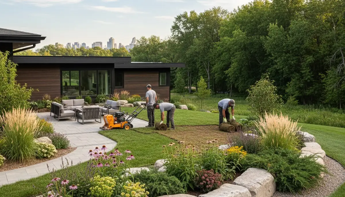 Landscaping crew providing lawn care services in Minneapolis, MN