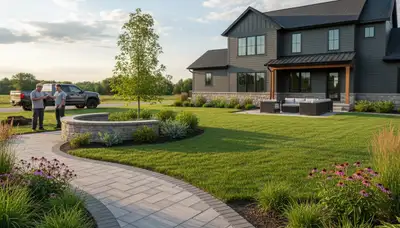 Landscaping crew providing lawn care service in Minneapolis, MN for a residential property