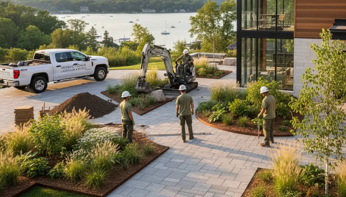 Minneapolis, MN landscaping crew maintaining a residential lawn with professional lawn care equipment