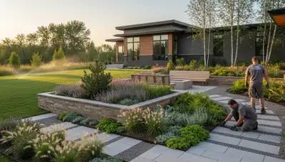 Landscaping crew providing lawn care service in Minneapolis, MN