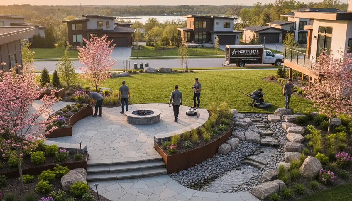 Minneapolis MN landscaping crew providing professional lawn care service for a local home exterior