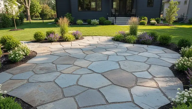 Flagstone patio with natural slate stone pavers installed by landscaping experts in Minneapolis, MN