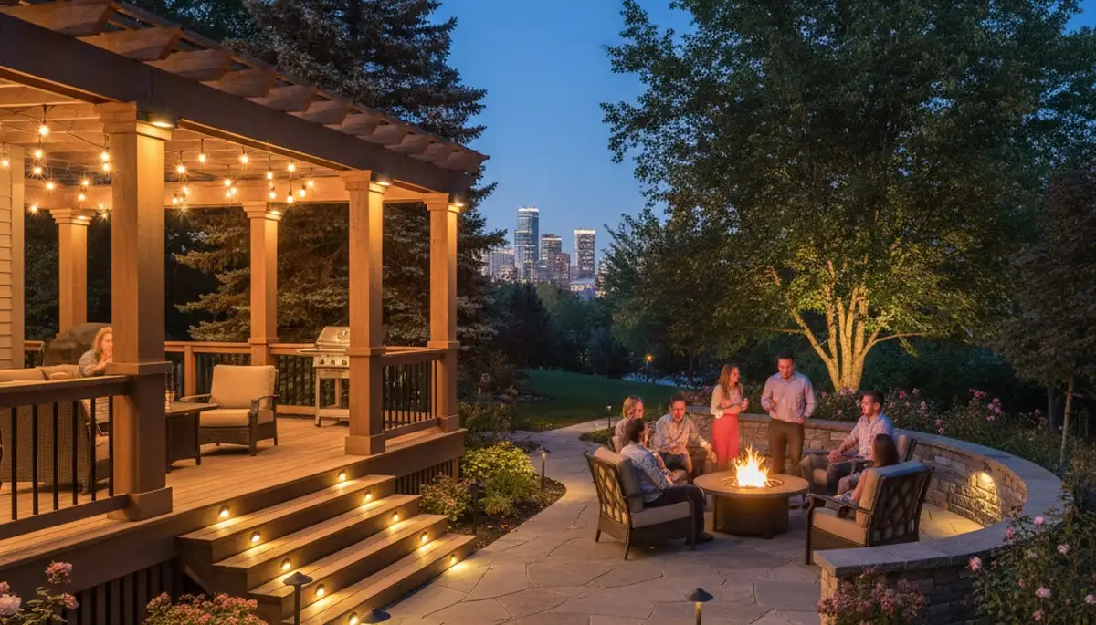 Evening outdoor living space with post cap and step lights by Chop Chop Landscaping in Minneapolis, MN