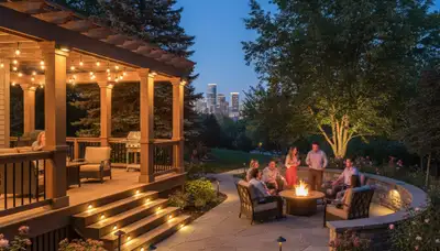 Evening outdoor living space with post cap and step lights by Chop Chop Landscaping in Minneapolis, MN