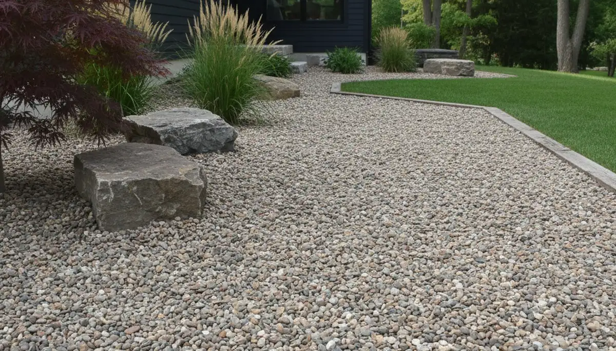Pea gravel mulch alternative in Minneapolis MN yard showing clean, durable low-maintenance landscaping