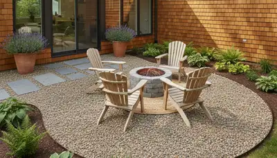 Pea gravel patio installation in Minneapolis MN with clean edging and outdoor seating by Chop Chop Landscaping