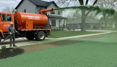 Professional hydroseeder truck spraying green slurry for lawn seeding in Minneapolis, MN