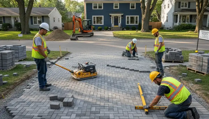 Workers installing driveway pavers in Minneapolis MN during professional landscaping project