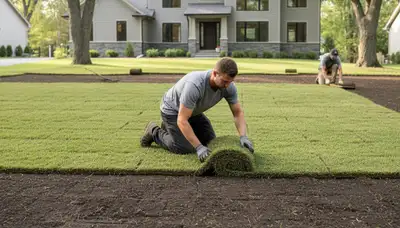 Professional landscaper installing fresh sod rolls with precision in Minneapolis, MN lawn