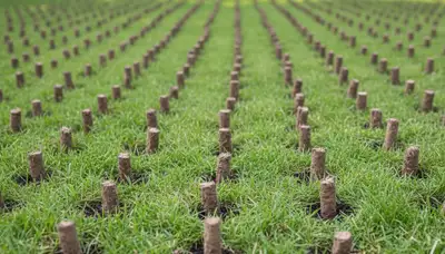 Close-up of soil core plugs from lawn aeration on Minneapolis, MN turf by Chop Chop Landscaping