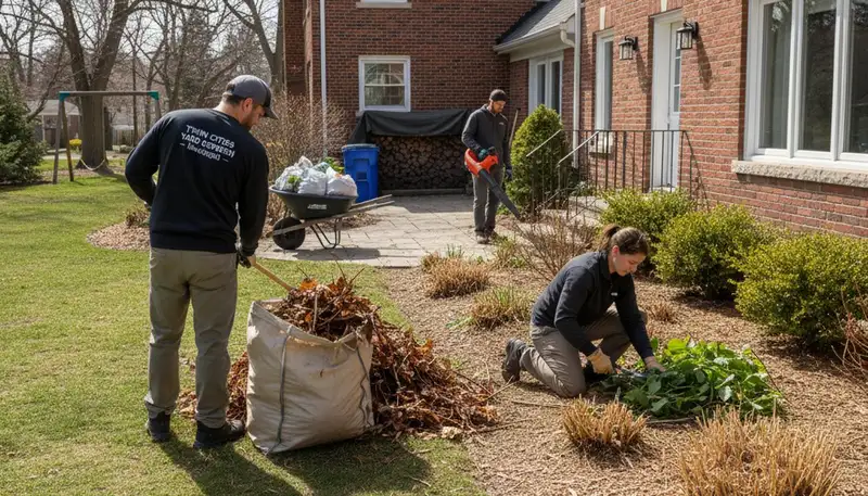 Spring yard clean up and garden bed pruning by landscapers in Minneapolis MN