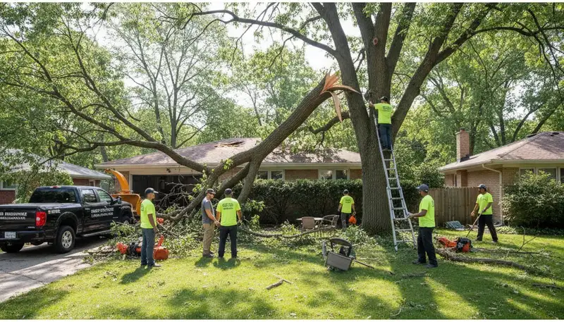 Technicians clearing storm debris and branches during yard cleanup in Minneapolis, MN