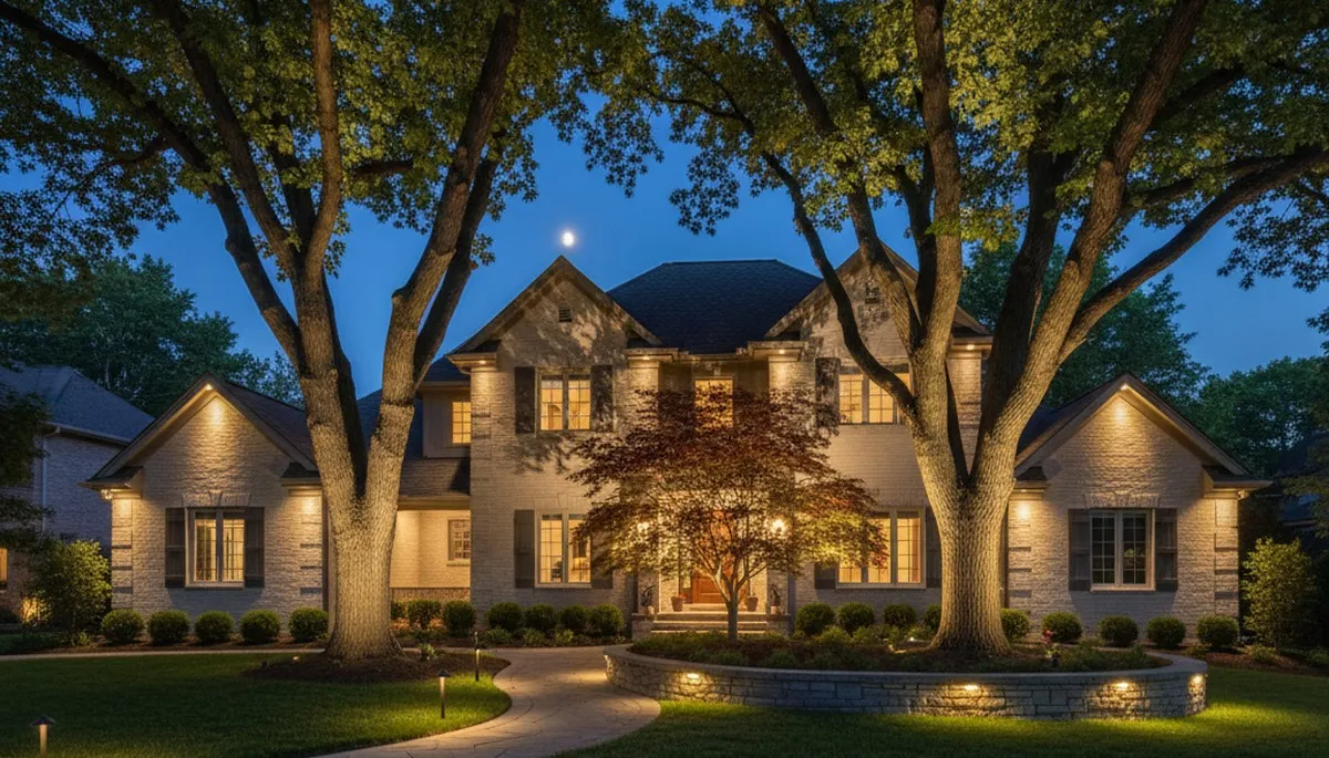 Tree uplighting at night highlights mature oaks with warm landscape lighting in Minneapolis, MN