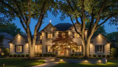 Tree uplighting at night highlights mature oaks with warm landscape lighting in Minneapolis, MN